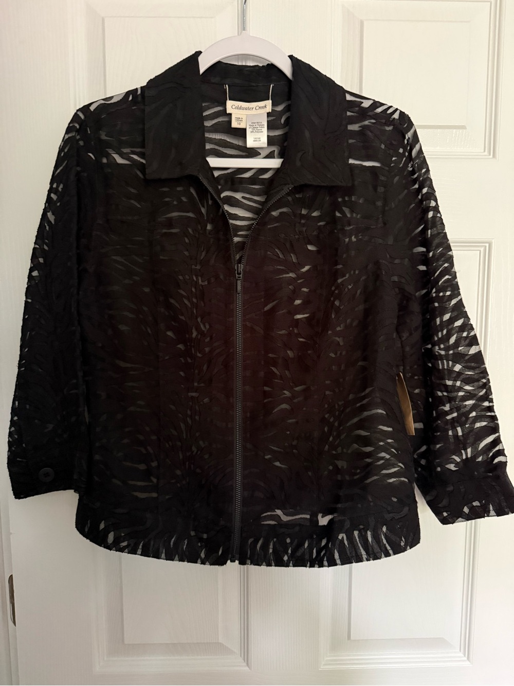 Coldwater Creek Black Sheer Zip-Front Jacket with Subtle Pattern Sz 10